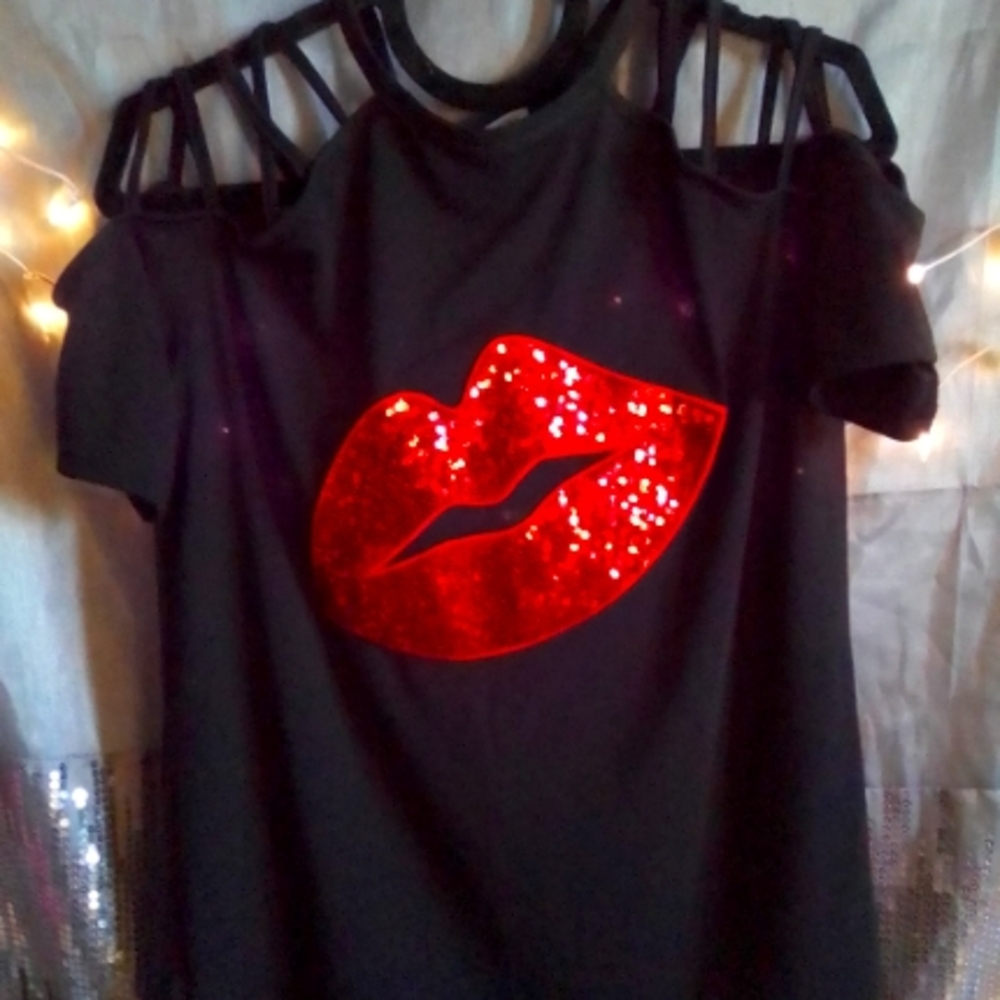 Trendy Black Top with Bold Bright Lipstick Red Sequined Lips
